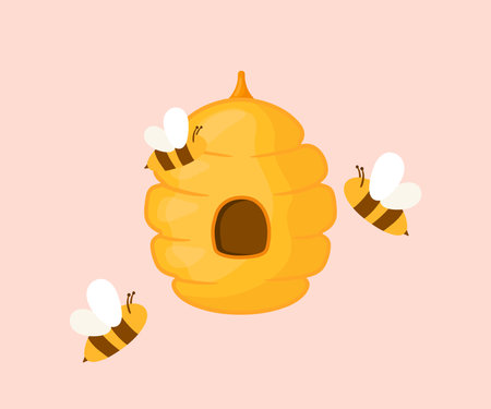 Cute cartoon beehive with flat flaying bee drawing in vector illustration isolatedのイラスト素材