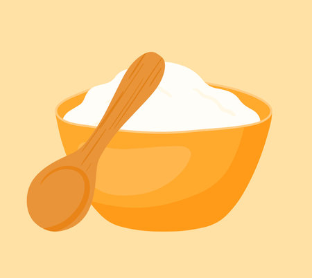 Bowl of flour with wooden spoon icon clipart for baking ingredient hand drawn vector illustration isolatedのイラスト素材