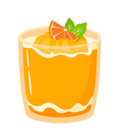 Cute Orange Mousse Panna Cotta Pudding in Glass with cream and fruits topping sweet food cartoon vector illustration isolated on transparent backgroundのイラスト素材
