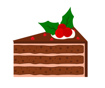 Cute hand drawn Choco Cake Slice with holly berry leaves topping pastry sweet food dessert cartoon vector illustration isolated on white background for birthday party, thanksgiving and christmasのイラスト素材
