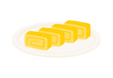 Japanese Omelette Egg Roll Tamagoyaki on White Plate Food Cartoon Vector Illustration isolated on transparent backgroundのイラスト素材