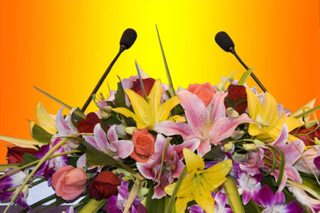 Two microphones on a colorful background の写真素材