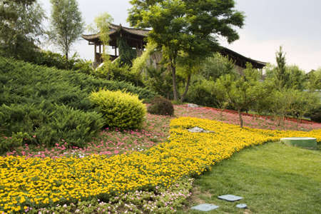colourful glade with flowers in park of city centre の写真素材