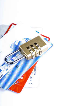 Credit card and combination lock for a security concept の写真素材