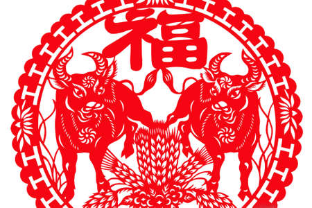 The traditional paper-cut ox on the whiteの写真素材