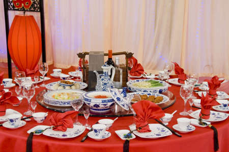 Banquet table setting for wedding in chinaの写真素材