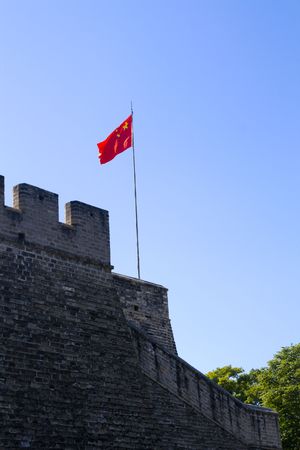 ancient city walls and national flag in Beijing China