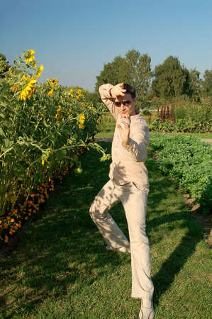 man karate body sports fighting garden training employment rest sunflowerの写真素材