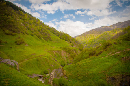 Panoramic view of the Caucasus mountains in Georgiaの写真素材