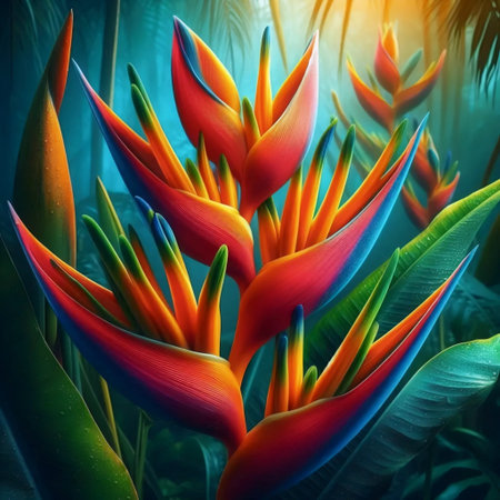A fire-red tropical heliconia close-up, Ai generated imageの写真素材