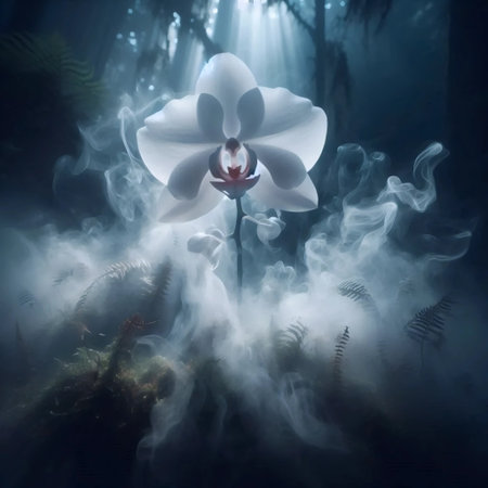 A ghost orchid floating in mist, Ai generated image
