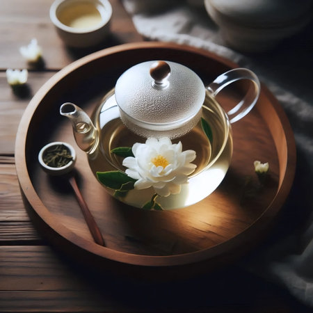 Glass Teapot with Blooming Tea, Ai generated image