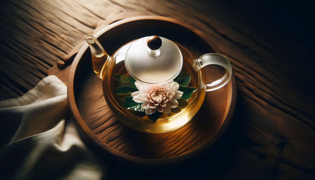 Glass Teapot with Blooming Tea, Ai generated imageの写真素材