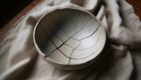 Handmade Ceramic Bowl with Wabi-Sabi Cracksの写真素材