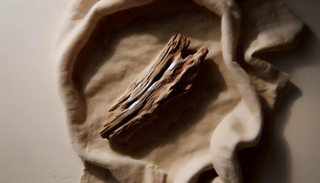 Driftwood Piece on Sand-Colored Fabric, Ai generated imageの写真素材