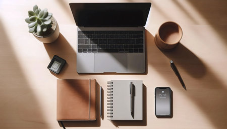 Laptop and Notebook on Light Wood, Ai generated image