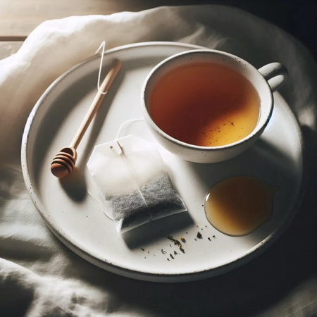 Tea Bag on Saucer with Honey Drizzle, Ai generated imageの写真素材