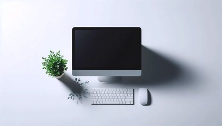 Minimalist Monitor Setup with Plant, Ai generated image