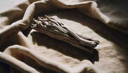Driftwood Piece on Sand-Colored Fabric, Ai generated image