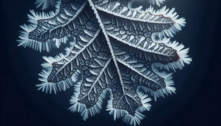 A frost-covered oak leafの写真素材