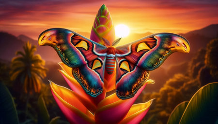 A sunset moth on a flower, Ai generated imageの写真素材