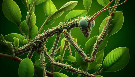 A stick insect mimicking foliage, Ai generated image