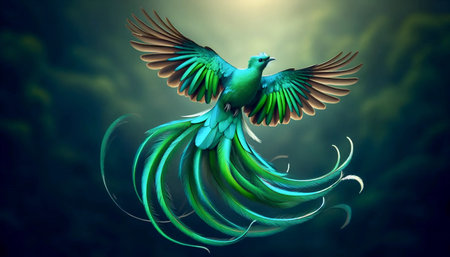 A quetzal in flight, Ai generated image