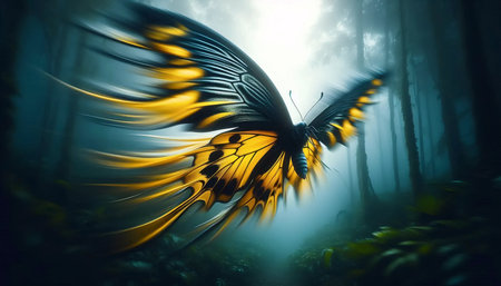 A golden birdwing butterfly in flight, Ai generated imageの写真素材