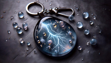 A resin keychain with bubble raindrops and lightning effect, Ai generated image