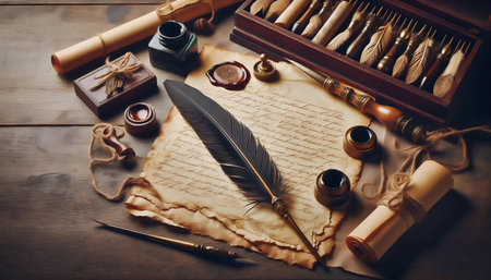 Feather quill writing set, Ai generated imageの写真素材