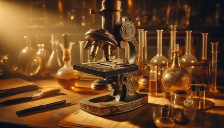 A vintage laboratory microscope, Ai generated imageの写真素材