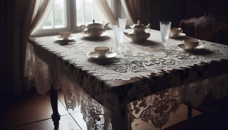 Antique lace tablecloth, Ai generated imageの写真素材