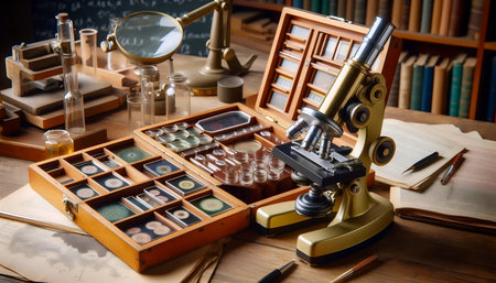 Retro microscope set, Ai generated image