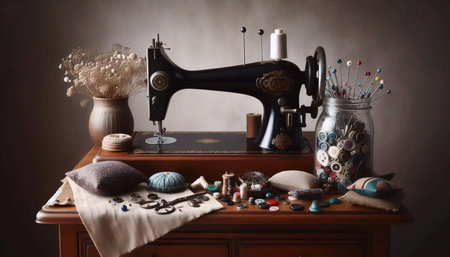 Antique Sewing Machine Nook, Ai generated imageの写真素材