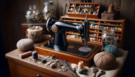 Antique Sewing Machine Nook, Ai generated imageの写真素材
