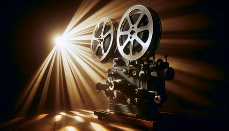 A Soviet film projector in a dark room, Ai generated imageの写真素材