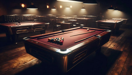 A vintage pool table in smoky hall, Ai generated image
