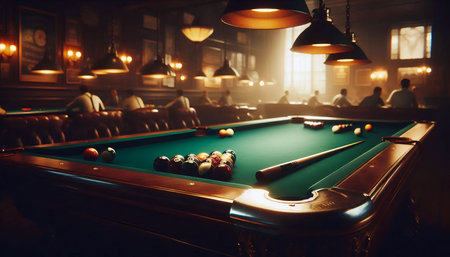 A vintage pool table in smoky hall, Ai generated image