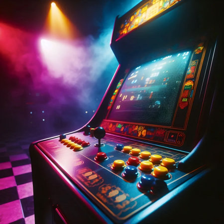 A vintage arcade machine in a dark room, Ai generated imageの写真素材