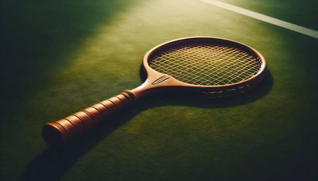 A classic wooden tennis racket on grass court, Ai generated imageの写真素材