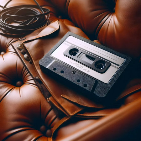 A vintage cassette player on a leather sofa, Ai generated imageの写真素材