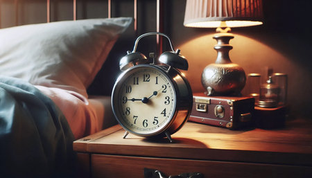 A vintage alarm clock on a nightstand, Ai generated image