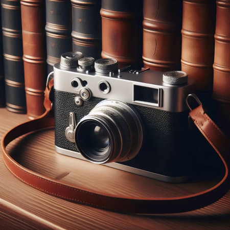 A vintage film camera on a bookshelf, Ai generated image