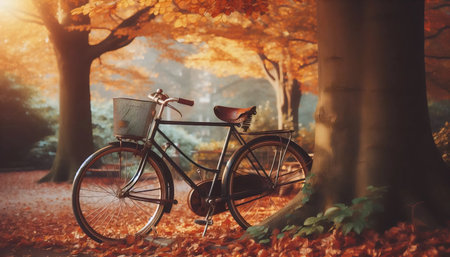 A retro bicycle with leather saddle in park, Ai generated imageの写真素材