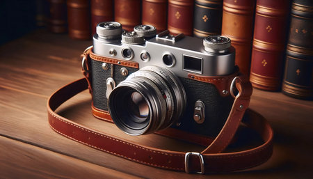 A vintage film camera on a bookshelf, Ai generated image