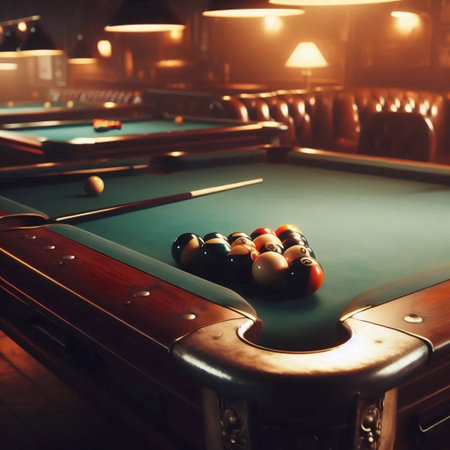 A vintage pool table in smoky hall, Ai generated imageの写真素材
