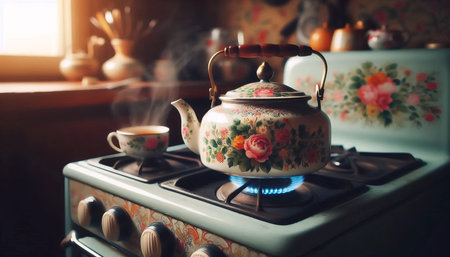 A Soviet enamel teapot on a stove, Ai generated imageの写真素材