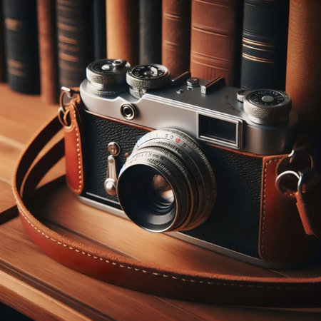 A vintage film camera on a bookshelf, Ai generated imageの写真素材