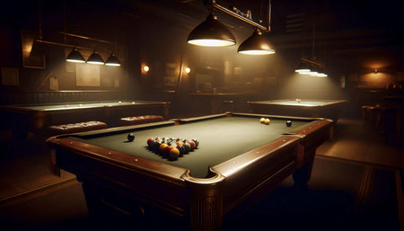A vintage pool table in smoky hall, Ai generated image