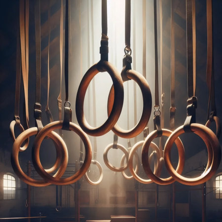 A vintage gymnastic rings in old gym, Ai generated imageの写真素材